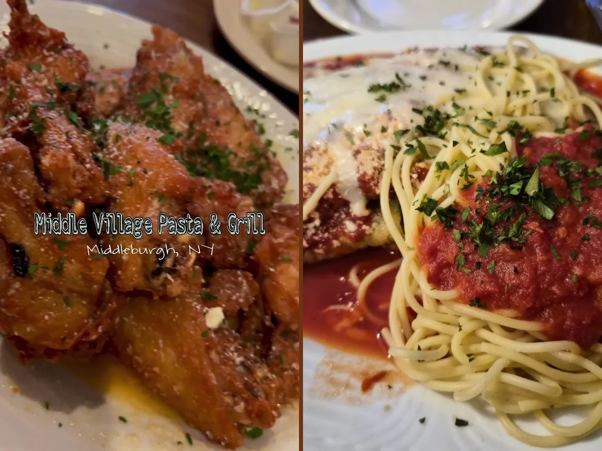 Pasta plates on a casual restaurant table.