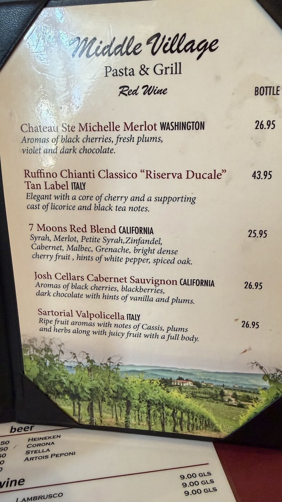 Restaurant menu showing pasta, pizza, and grilled items.